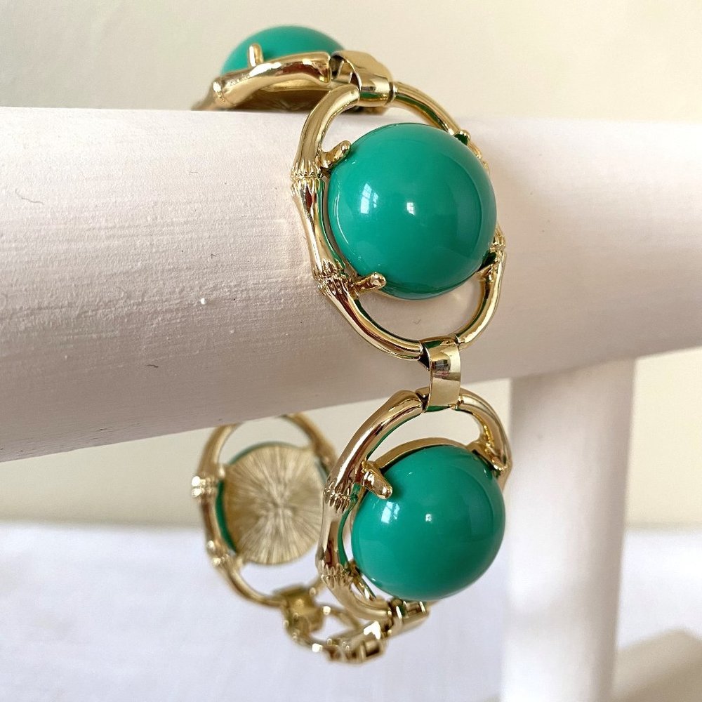 Stella & Dot Zinnea Green And Gold Tone Chunky Statement Bracelet